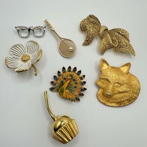 Vintage Lot of 7 Pins & Brooches Gold Tone Fox Head | Tennis Racket | Cherry